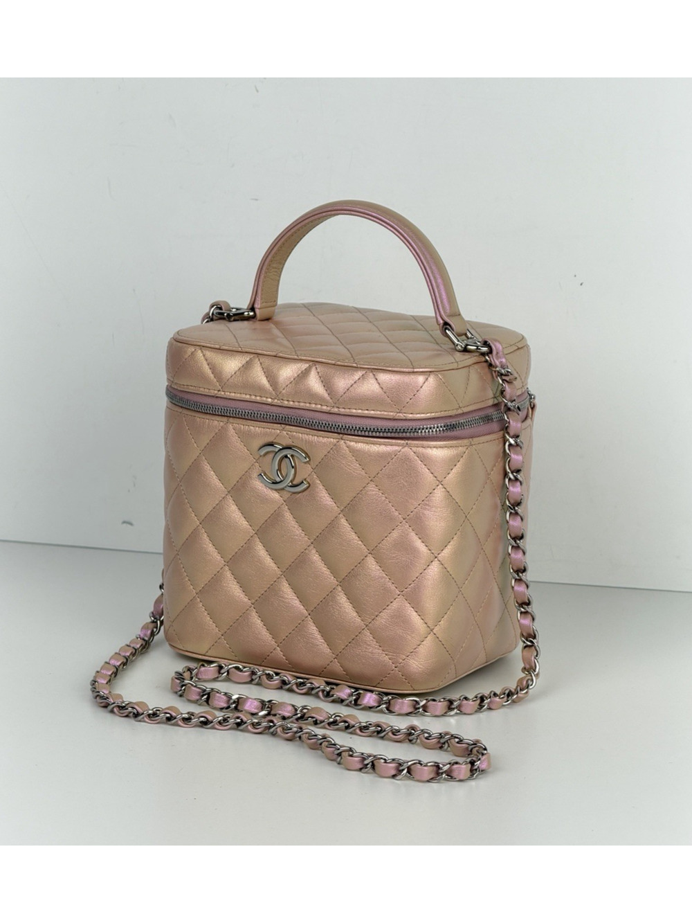 Chanel Small Top Handle Vanity Case Bag Iridescent Pink Quilted Leather NFC B